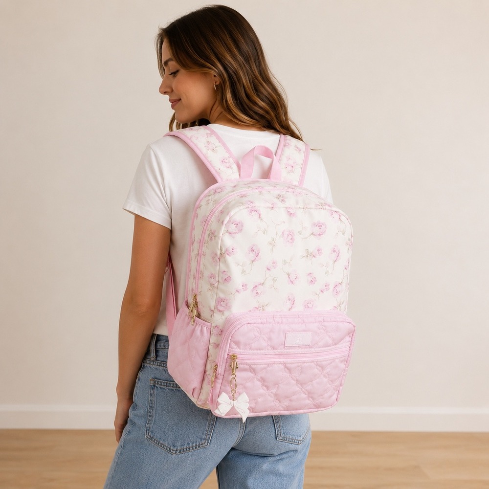 LoveShackFancy Yoobi Blooming Heirloom Ditsy Pink Floral Quilted Bow Backpack